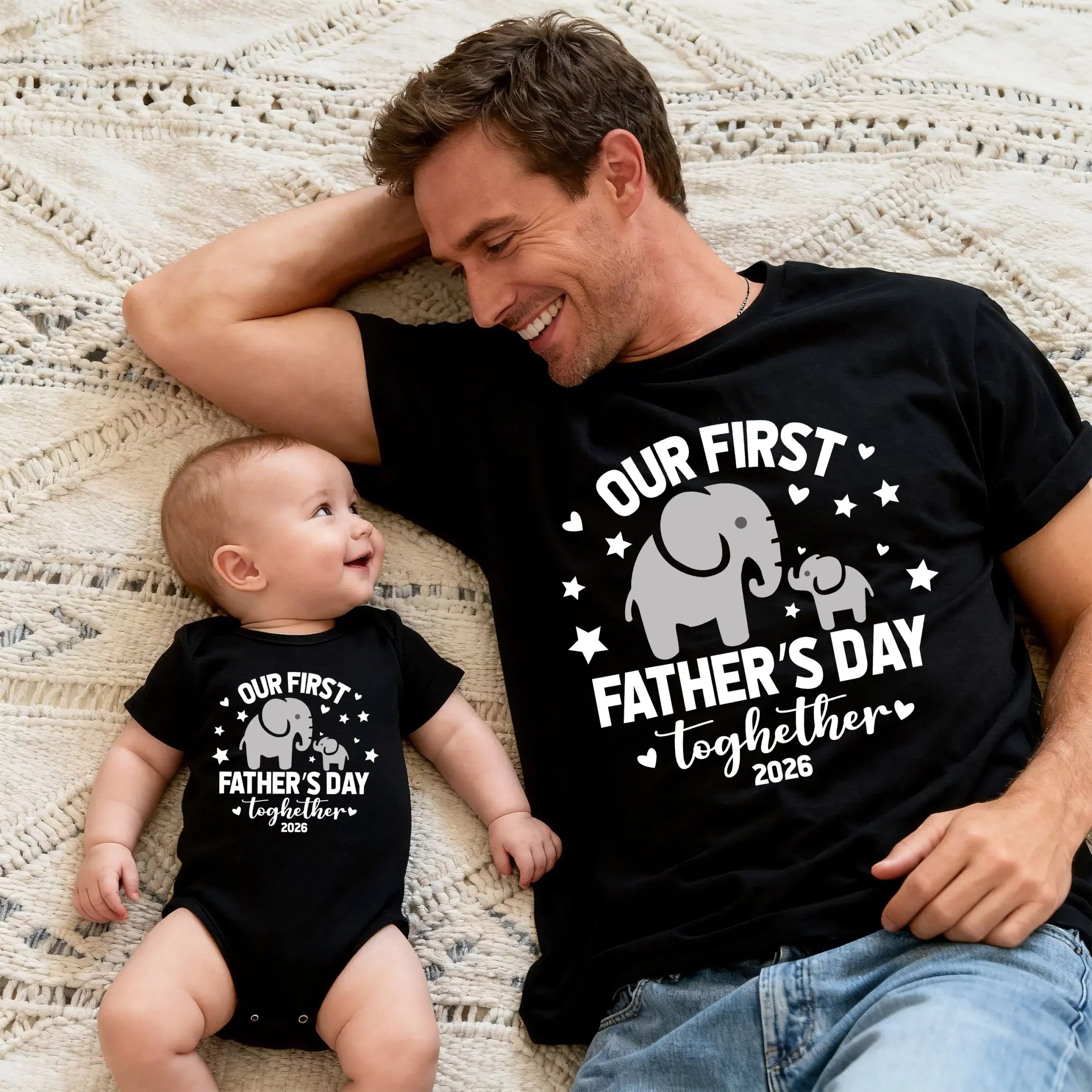 Personalized First Father's Day 2026 Navy Blue Daddy & Baby Matching Elephant Stars T-Shirt and Bodysuit Set - Image 2