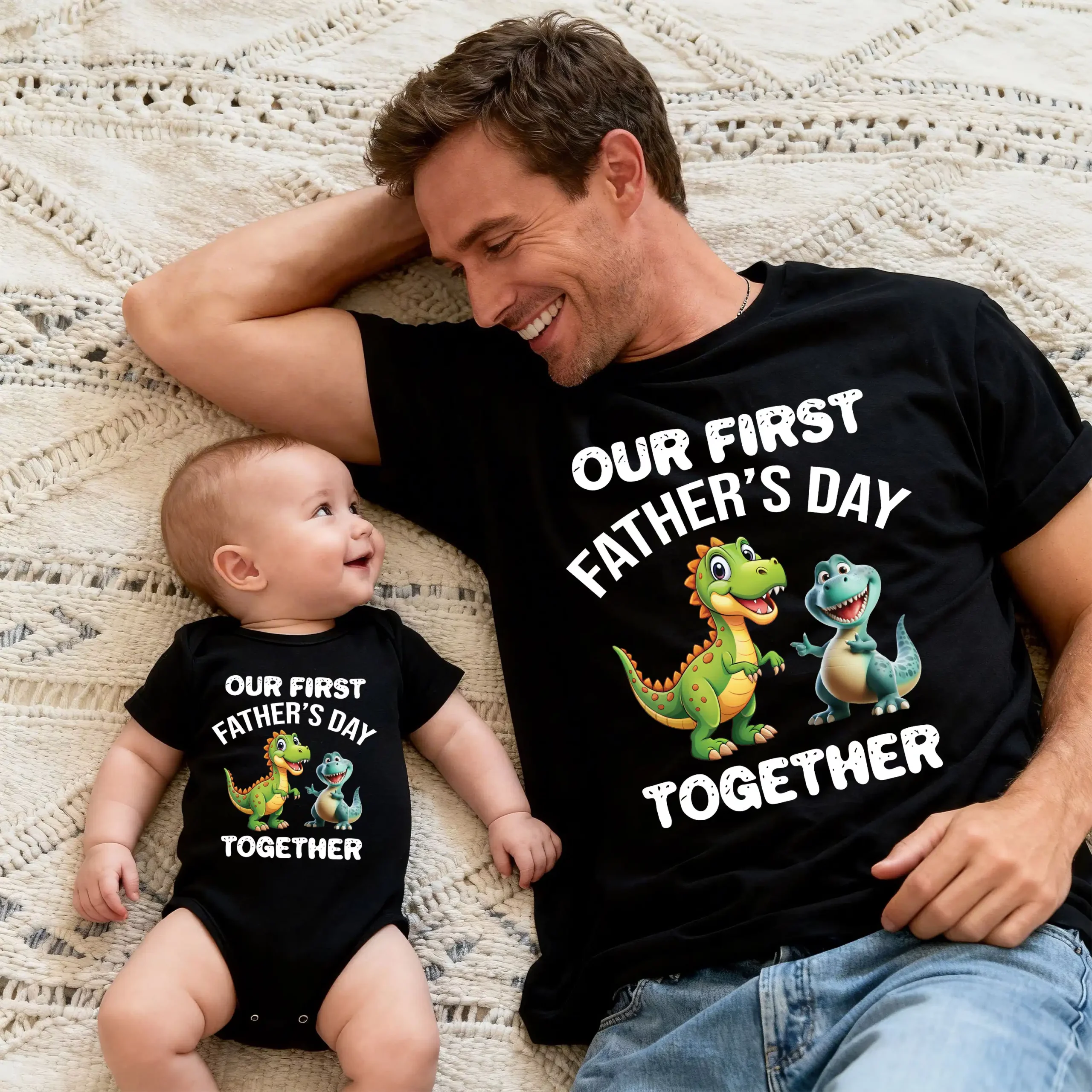 Our First Father's Day 2026 Matching T-Shirt & Bodysuit - Green & Blue Dino Cartoon Design