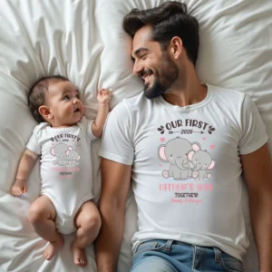 Personalized First Father's Day 2026 White Daddy & Baby Matching Elephant T-Shirt and Bodysuit - Daddy & Olivya