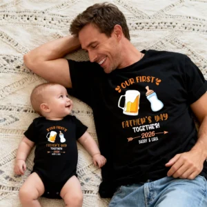 Funny First Father's Day 2026 Black Matching T-Shirt and Bodysuit - Beer Mug & Baby Bottle Design, Personalized Papa and Son