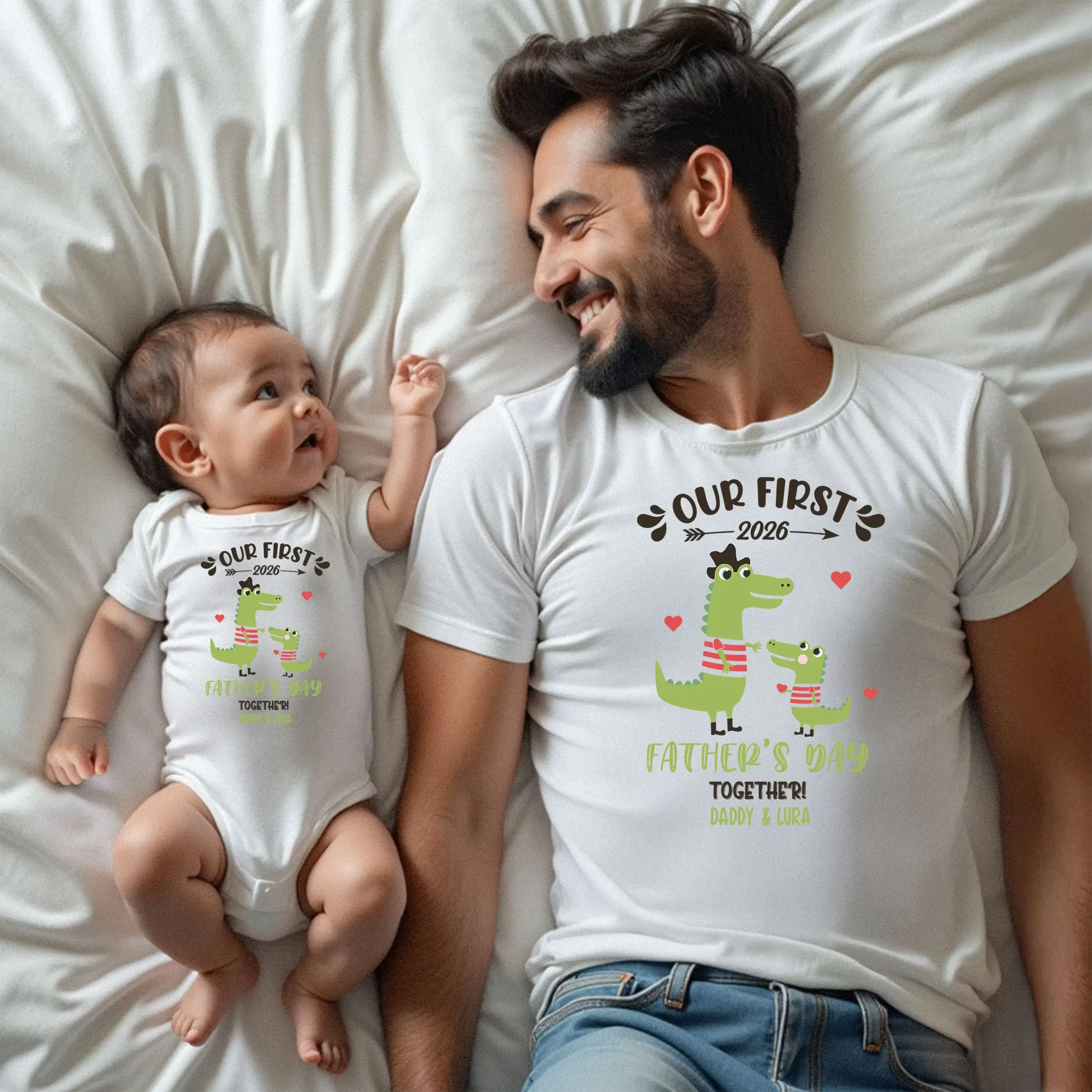 Custom Our First Father's Day 2026 Matching T-Shirt & Bodysuit Set - Crocodile Alligator Design, Navy Blue Daddy & Baby Personalized Outfit - Image 3