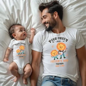 Custom Our First Father's Day 2026 Matching T-Shirt & Bodysuit Set - Musical Lion Band Design, Daddy & Baby Personalized Outfit