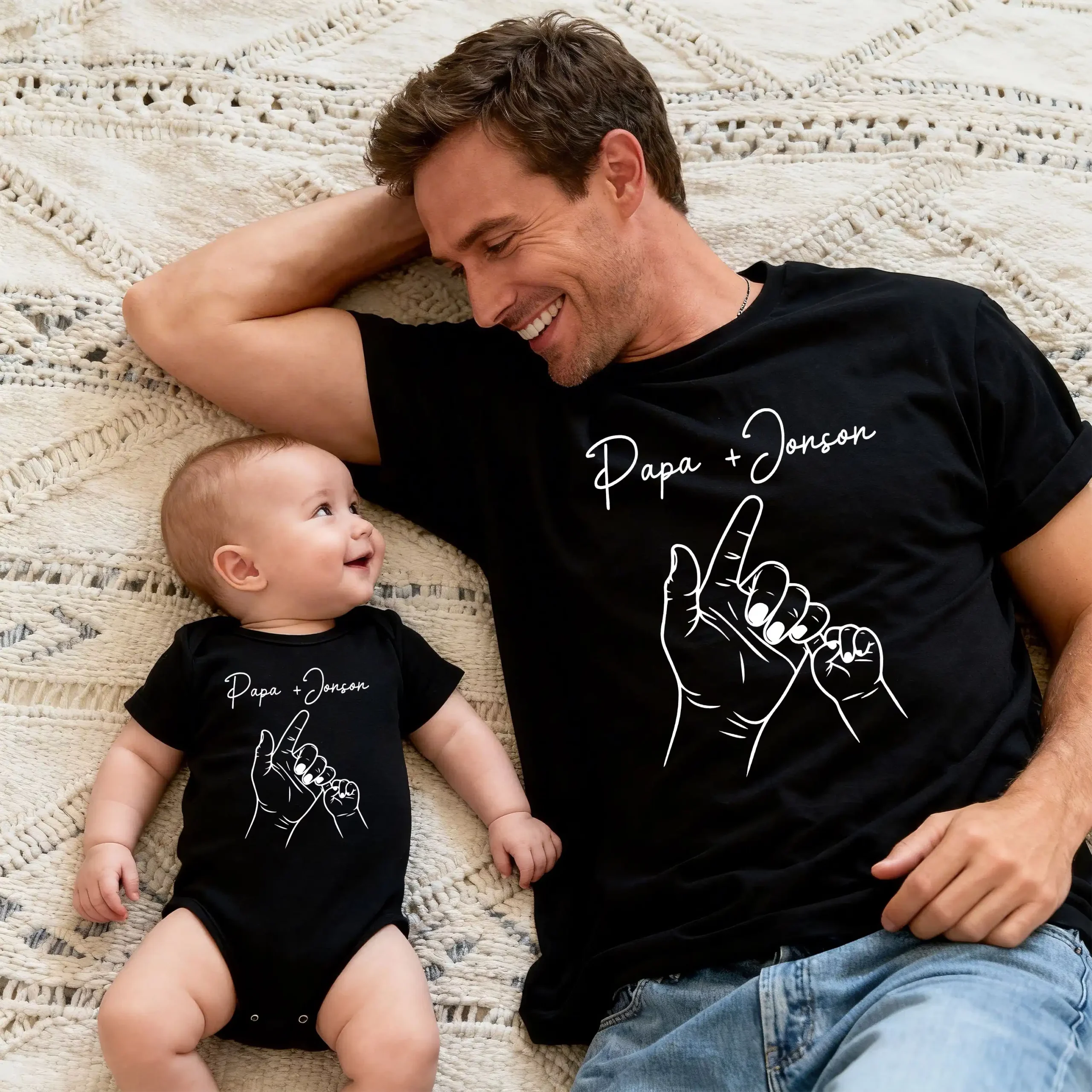 Papa + Baby Personalized Matching Navy T-Shirt & Bodysuit Set - Hand Holding Design