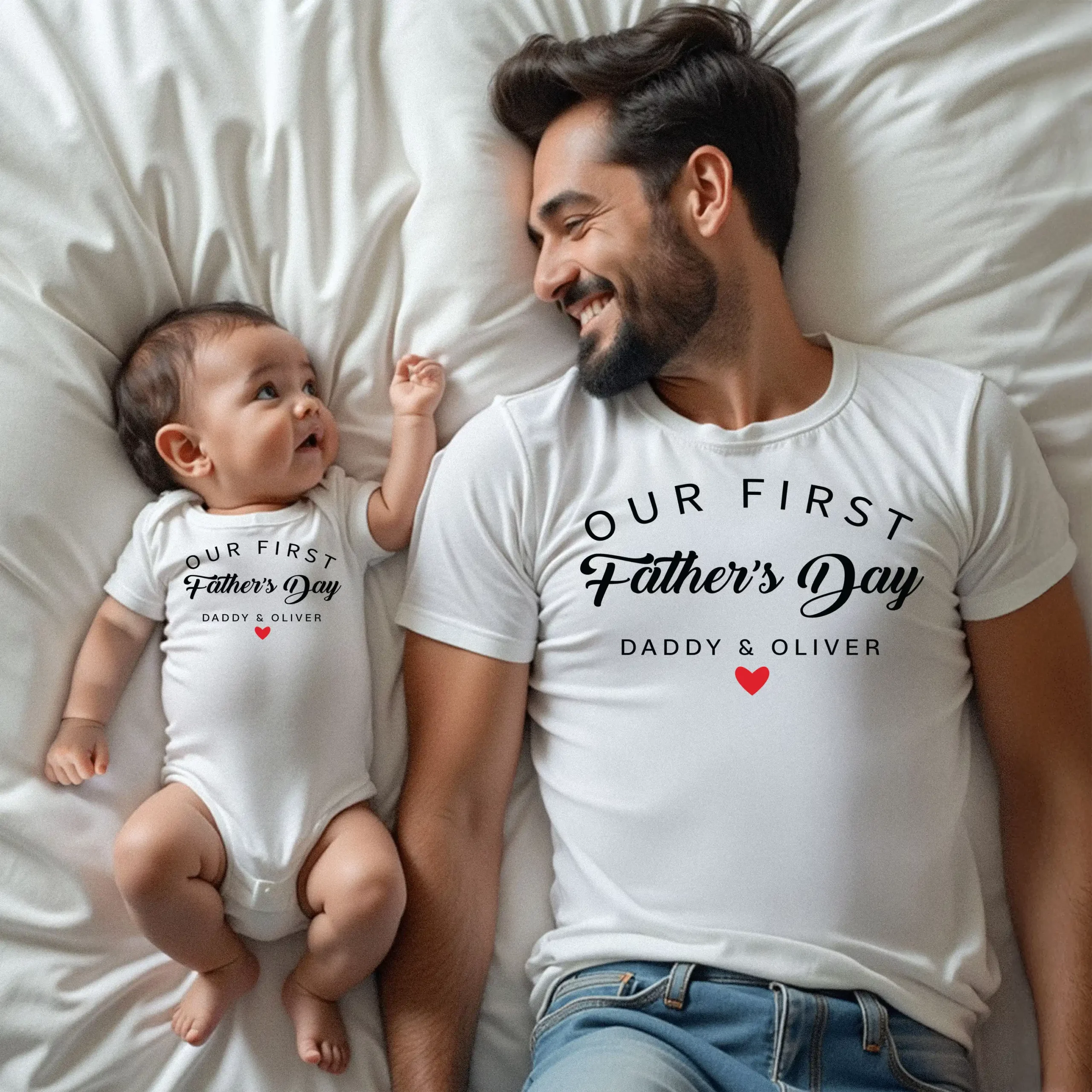 Custom Our First Father's Day 2026 Matching Black T-Shirt & Bodysuit Set - Elegant Script Design, Personalized Daddy & Baby Outfit - Image 2