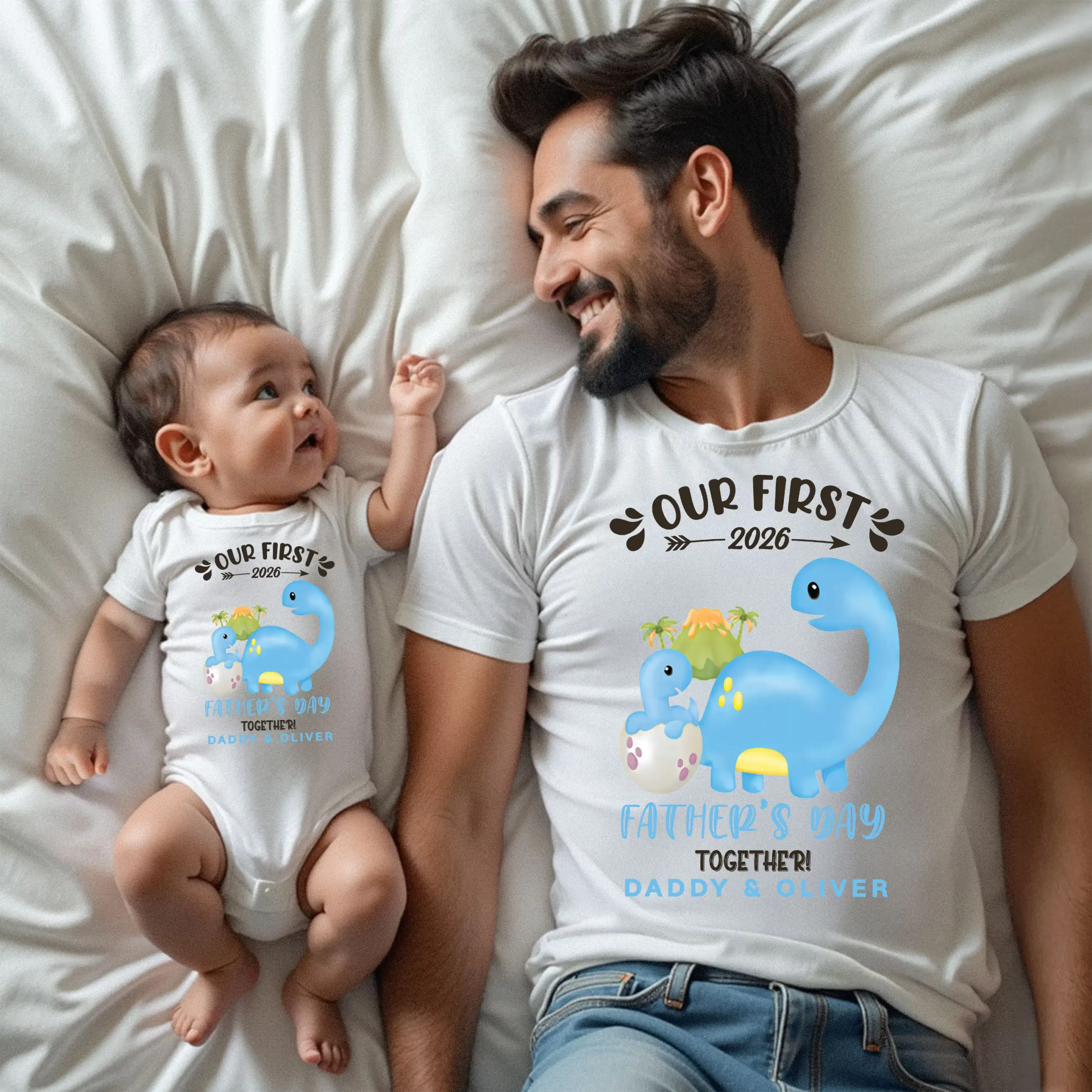 Our First Father's Day 2026 Dinosaur Matching T-Shirt & Baby Bodysuit - Daddy & Oliver Dino Outfit