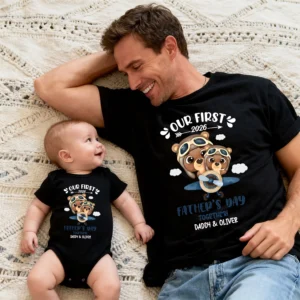 2026 First Father's Day Matching Daddy & Baby Pilot Bear T-Shirt & Bodysuit Set - Custom Papa & Son