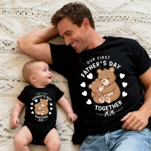 Custom Our First Father's Day 2026 TShirt & Bodysuit, Hugging Bears Tshirt, Daddy Bear Shirt, Father's Day Matching Tshirt & BodySuit, Papa and Son Bear Outfit