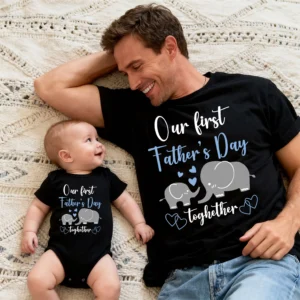 Our First Father's Day 2026 Elephant Matching Black T-Shirt & Bodysuit Set - Personalized Papa & Son