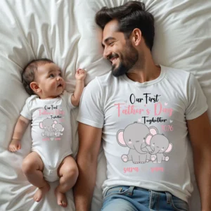 Our First Father's Day Together 2026 Custom Matching T-Shirt & Bodysuit - Personalized Elephant Sara & Sam Set