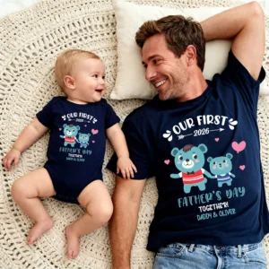 Our First Father's Day 2026 Custom Matching T-Shirt & Bodysuit - Bear Daddy Shirt & Baby Bodysuit, Papa and Son Matching Set