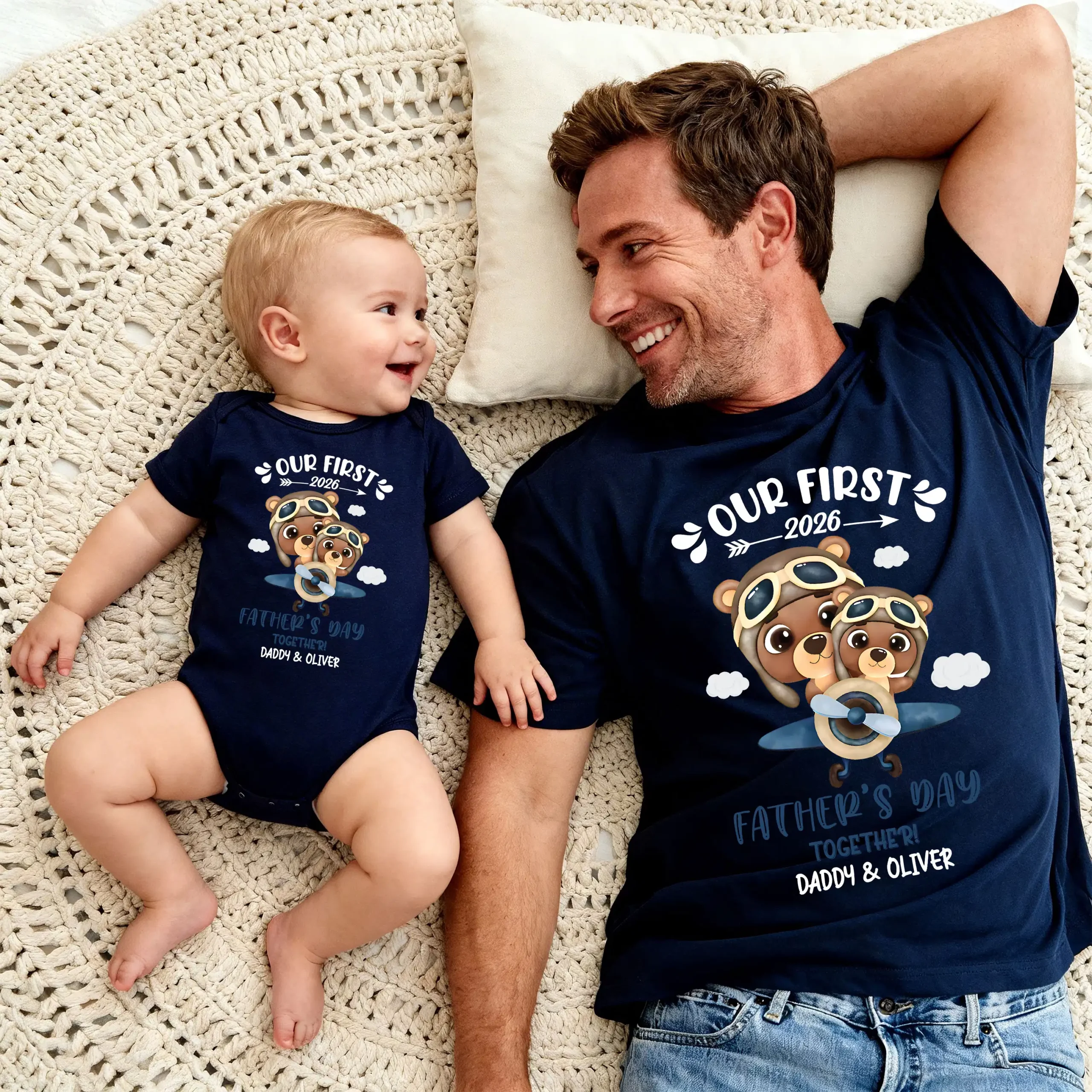 2026 First Father's Day Matching Daddy & Baby Pilot Bear T-Shirt & Bodysuit Set - Custom Papa & Son - Image 3