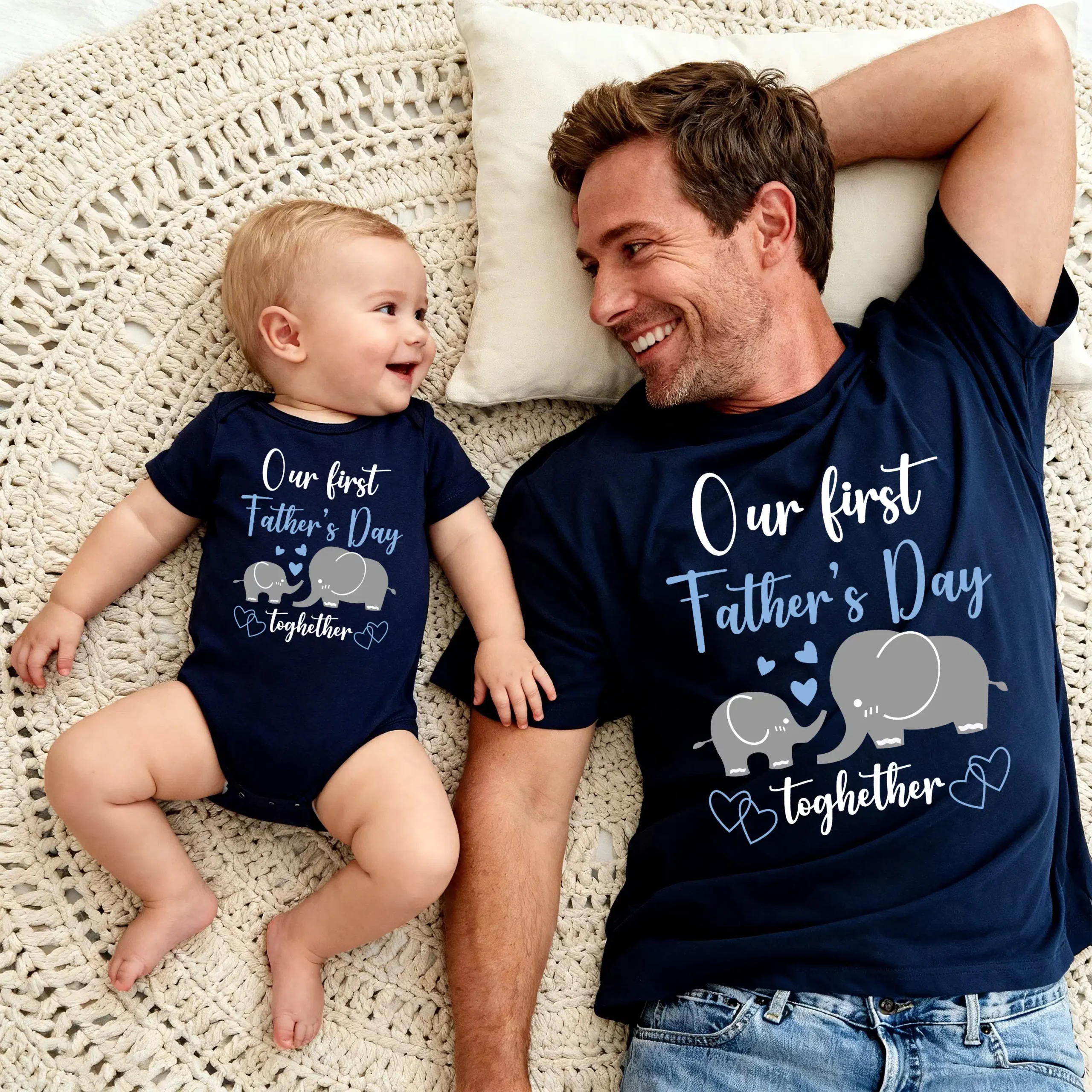 Our First Father's Day 2026 Elephant Matching Black T-Shirt & Bodysuit Set - Personalized Papa & Son - Image 3
