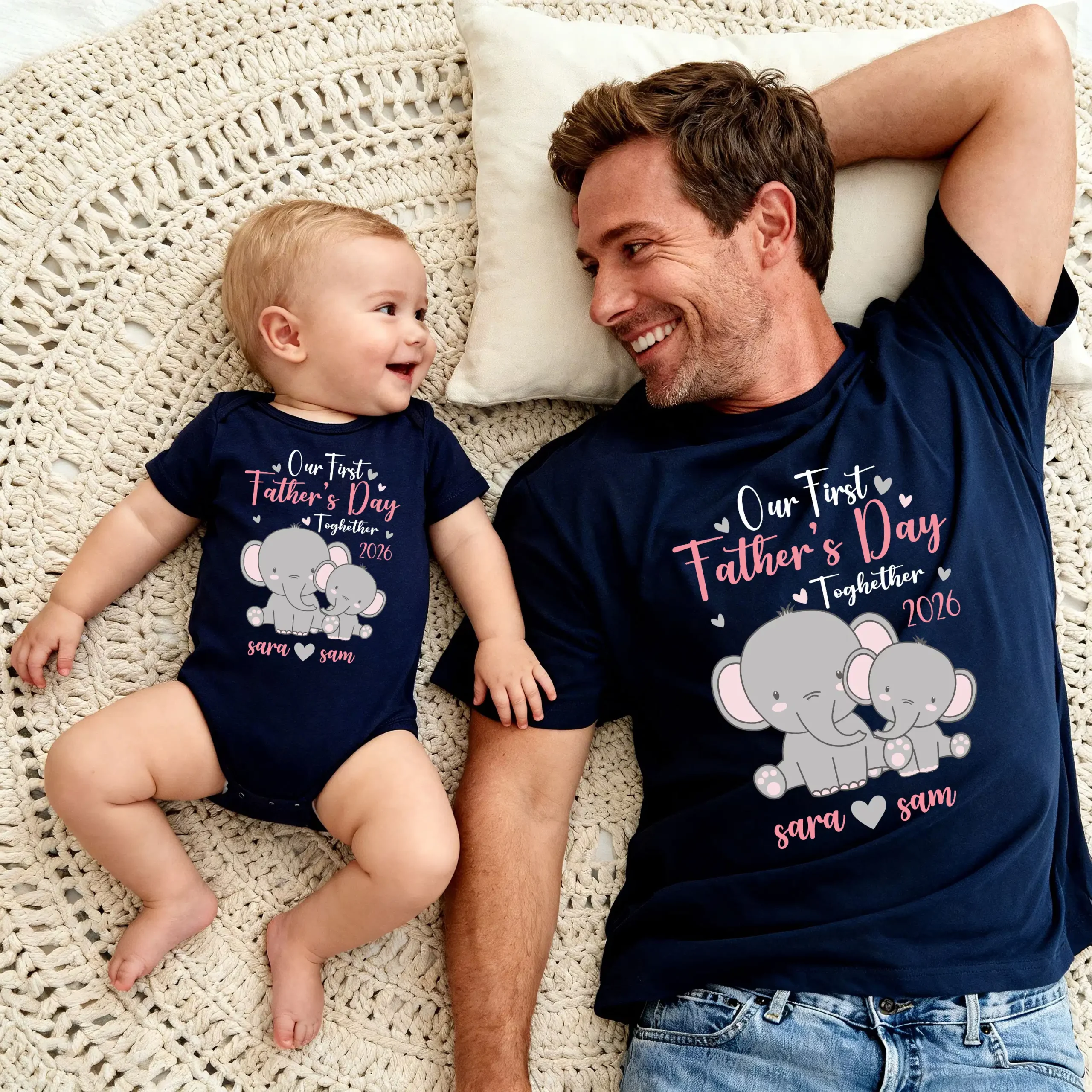 Our First Father's Day Together 2026 Custom Matching T-Shirt & Bodysuit - Personalized Elephant Sara & Sam Set - Image 2
