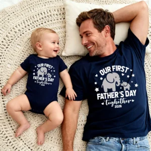 Personalized First Father's Day 2026 Navy Blue Daddy & Baby Matching Elephant Stars T-Shirt and Bodysuit Set