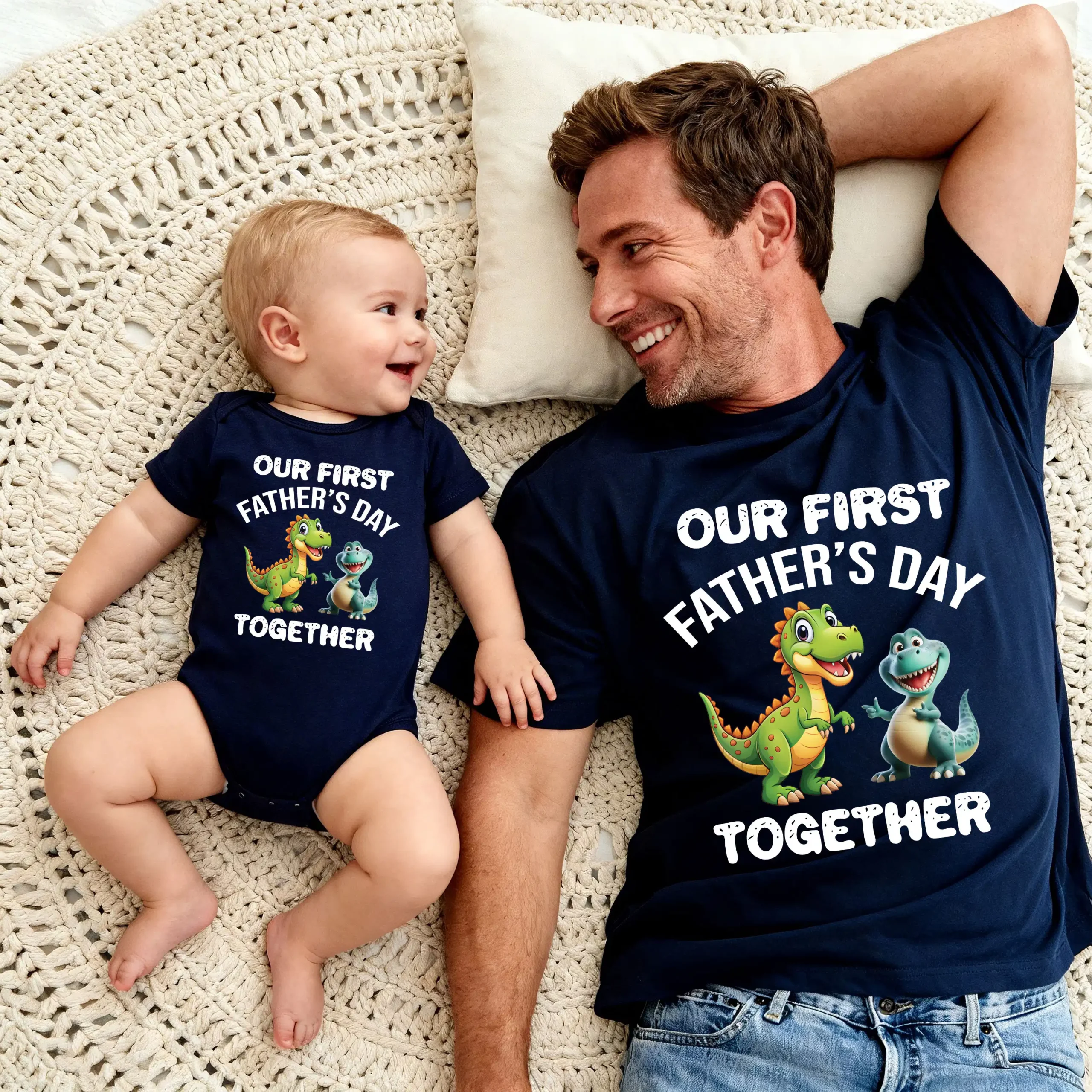 Our First Father's Day 2026 Matching T-Shirt & Bodysuit - Green & Blue Dino Cartoon Design - Image 2