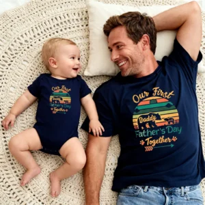 Custom Our First Father's Day 2026 Matching T-Shirt & Bodysuit Set - Retro Sunset Daddy Bear Design, Personalized Papa and Son Outfit