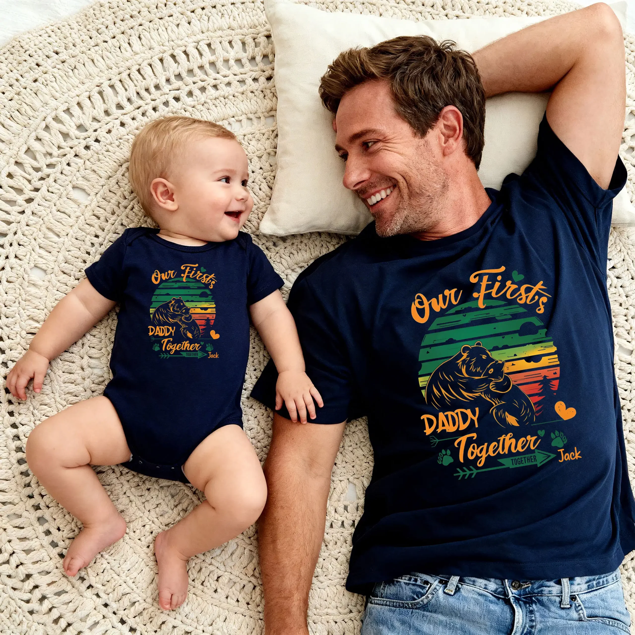 Custom Our First Father's Day 2026 Matching Black T-Shirt & Bodysuit Set - Retro Sunset Bear Hug Design, Personalized Daddy & Baby Outfit - Image 3