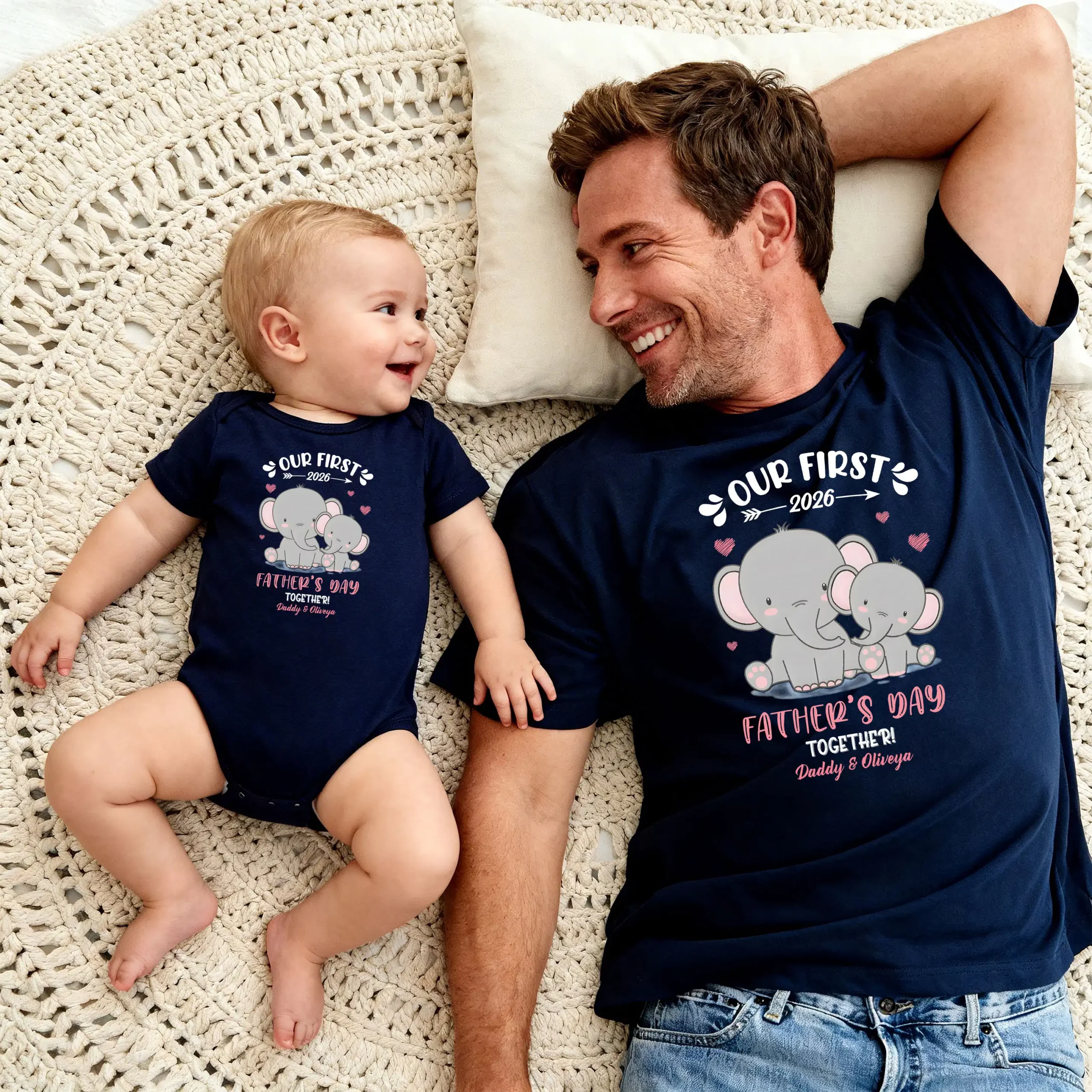 Personalized First Father's Day 2026 White Daddy & Baby Matching Elephant T-Shirt and Bodysuit - Daddy & Olivya - Image 2