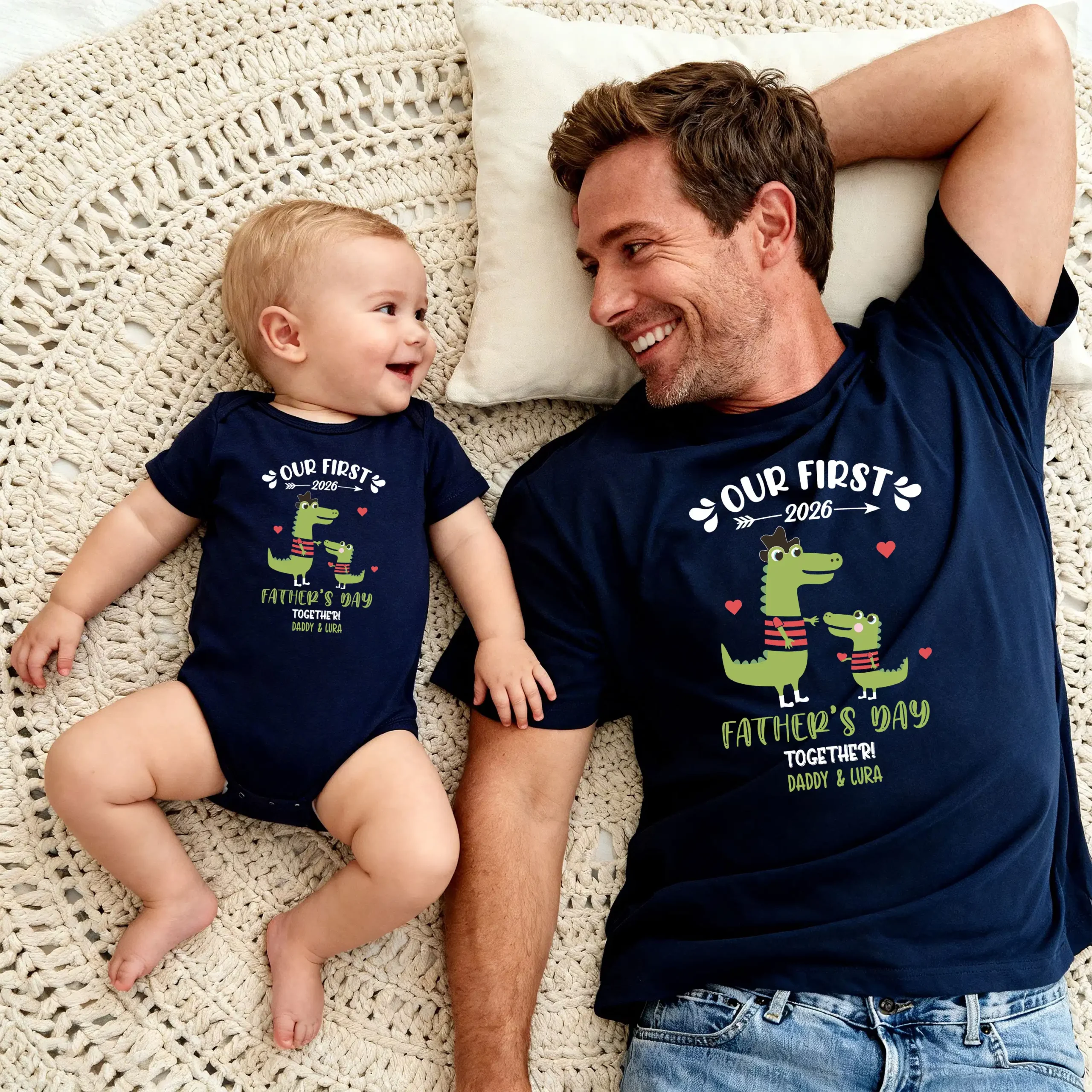 Custom Our First Father's Day 2026 Matching T-Shirt & Bodysuit Set - Crocodile Alligator Design, Navy Blue Daddy & Baby Personalized Outfit