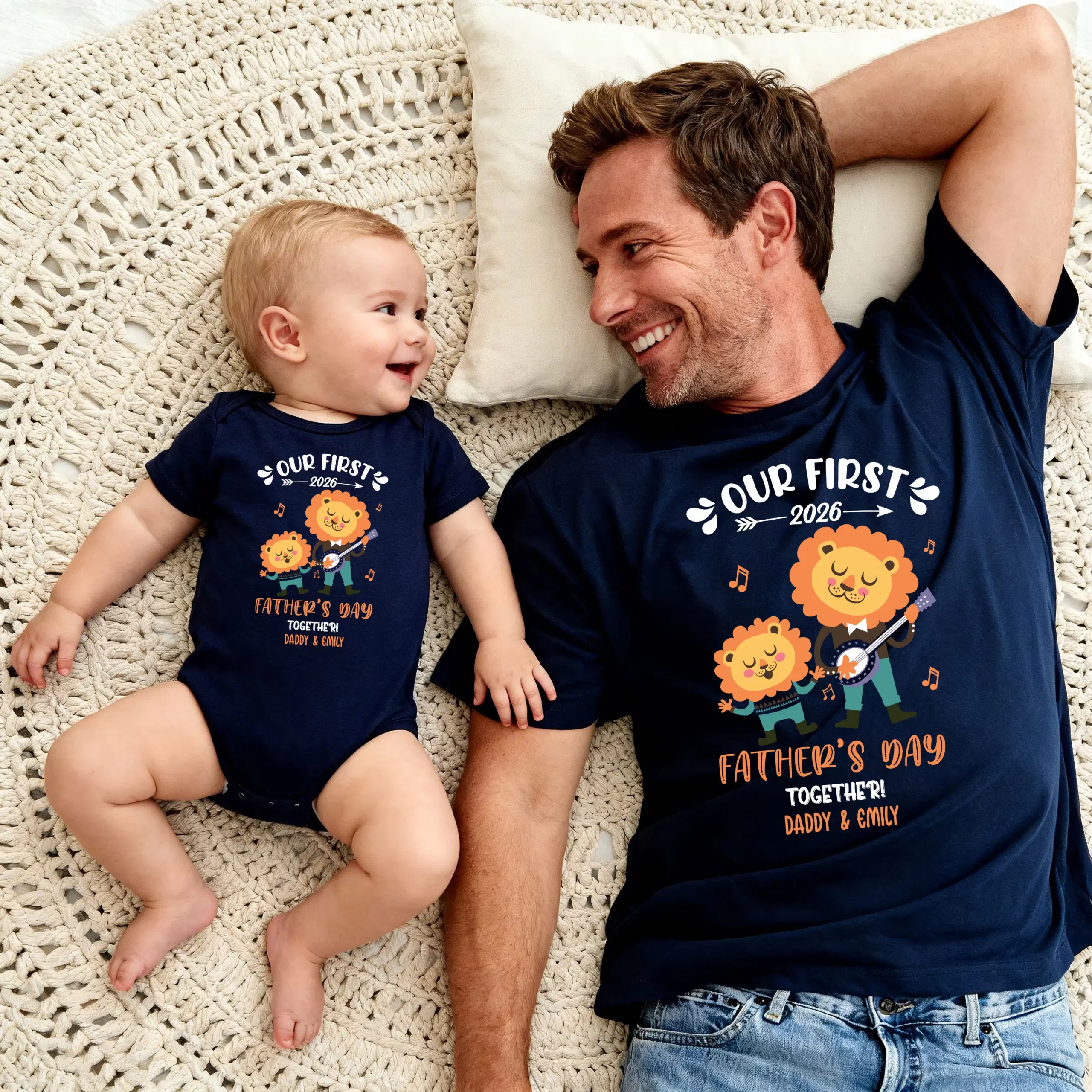Custom Our First Father's Day 2026 Matching T-Shirt & Bodysuit Set - Musical Lion Band Design, Daddy & Baby Personalized Outfit - Image 2