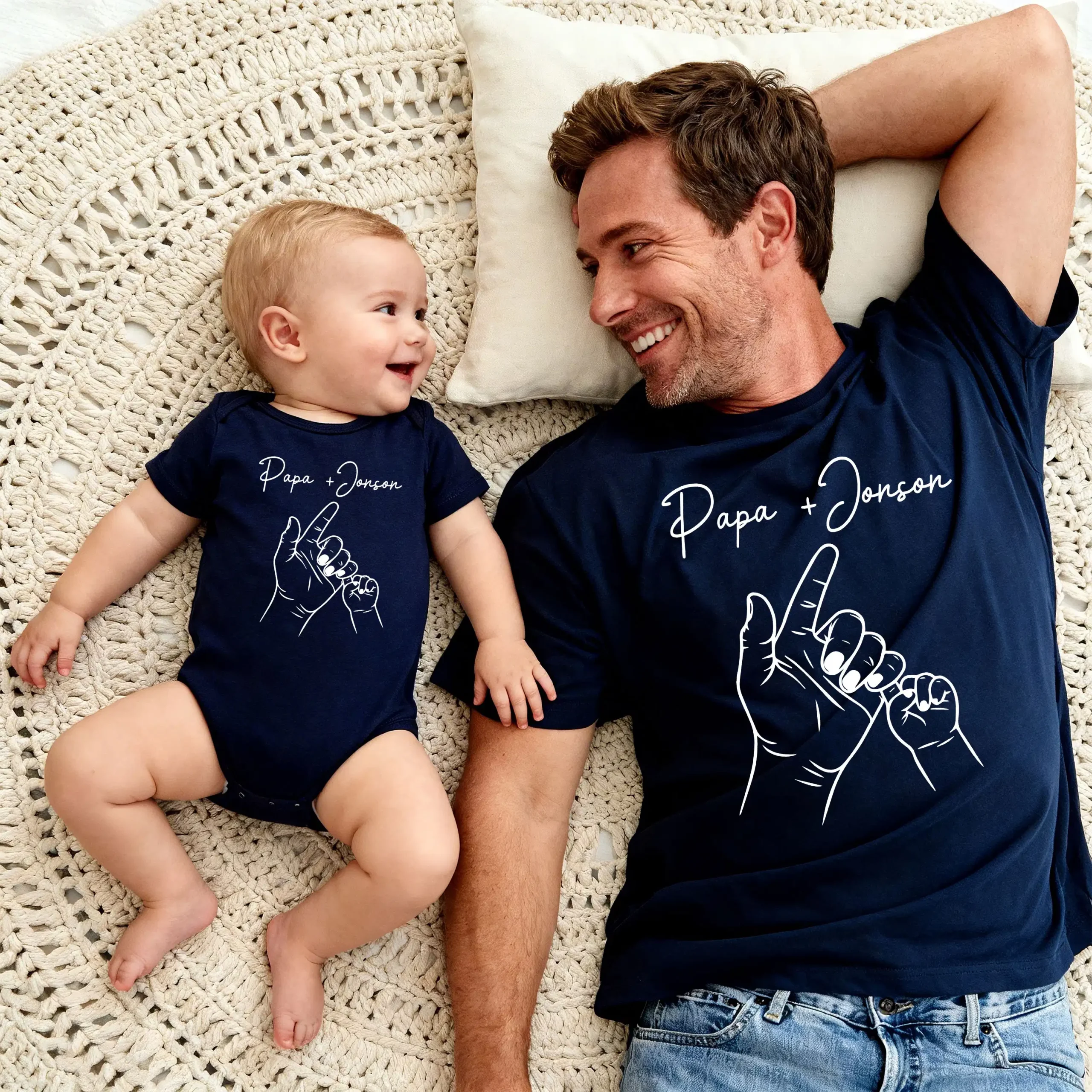 Papa + Baby Personalized Matching Navy T-Shirt & Bodysuit Set - Hand Holding Design - Image 2