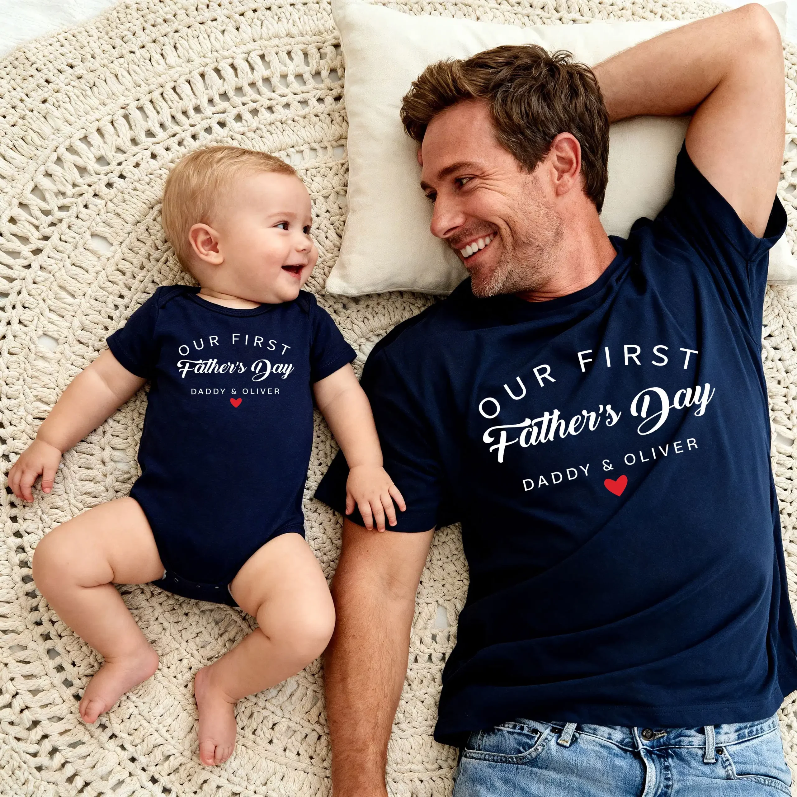 Custom Our First Father's Day 2026 Matching Black T-Shirt & Bodysuit Set - Elegant Script Design, Personalized Daddy & Baby Outfit - Image 3