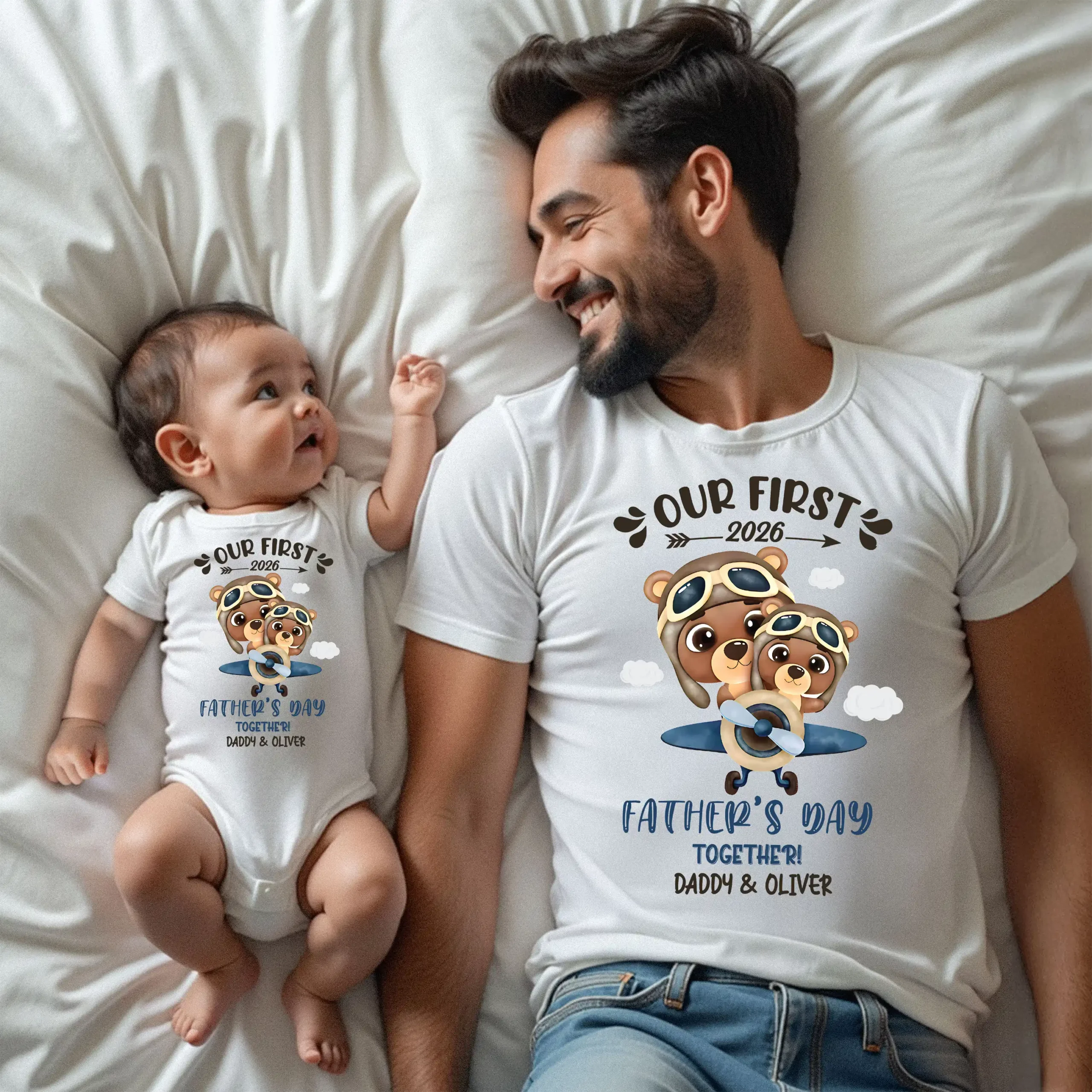 2026 First Father's Day Matching Daddy & Baby Pilot Bear T-Shirt & Bodysuit Set - Custom Papa & Son - Image 4