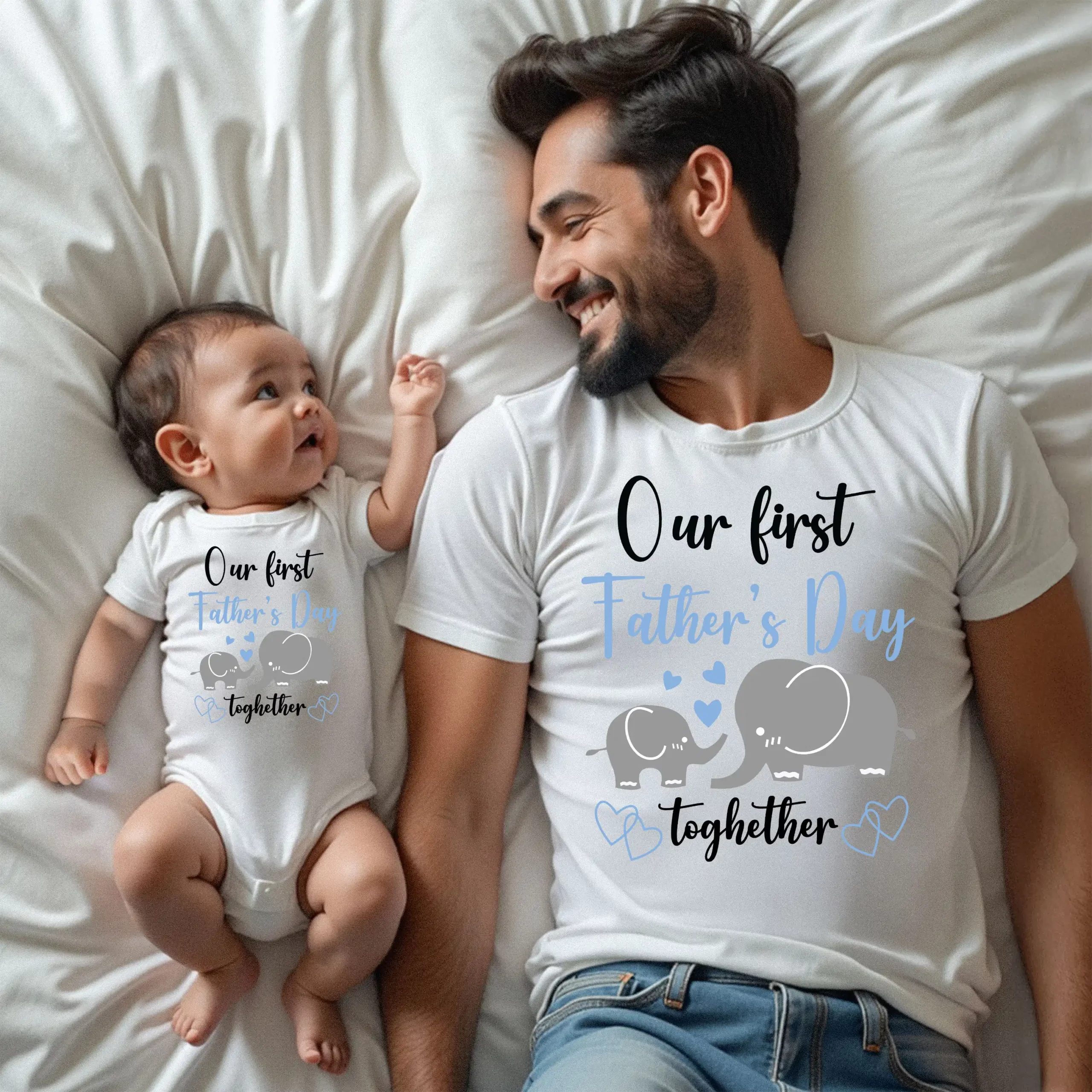 Our First Father's Day 2026 Elephant Matching Black T-Shirt & Bodysuit Set - Personalized Papa & Son - Image 2