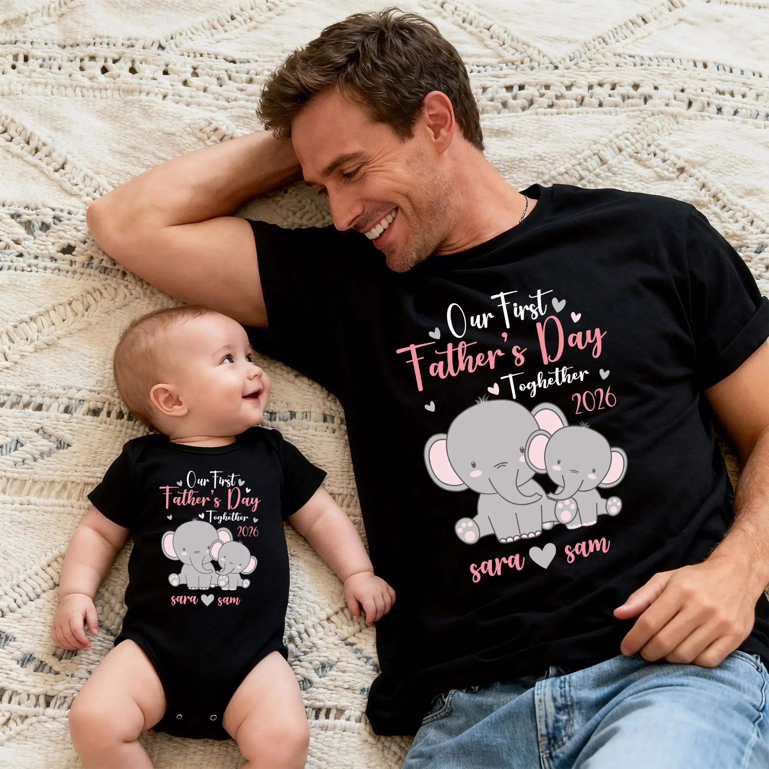 Our First Father's Day Together 2026 Custom Matching T-Shirt & Bodysuit - Personalized Elephant Sara & Sam Set - Image 3