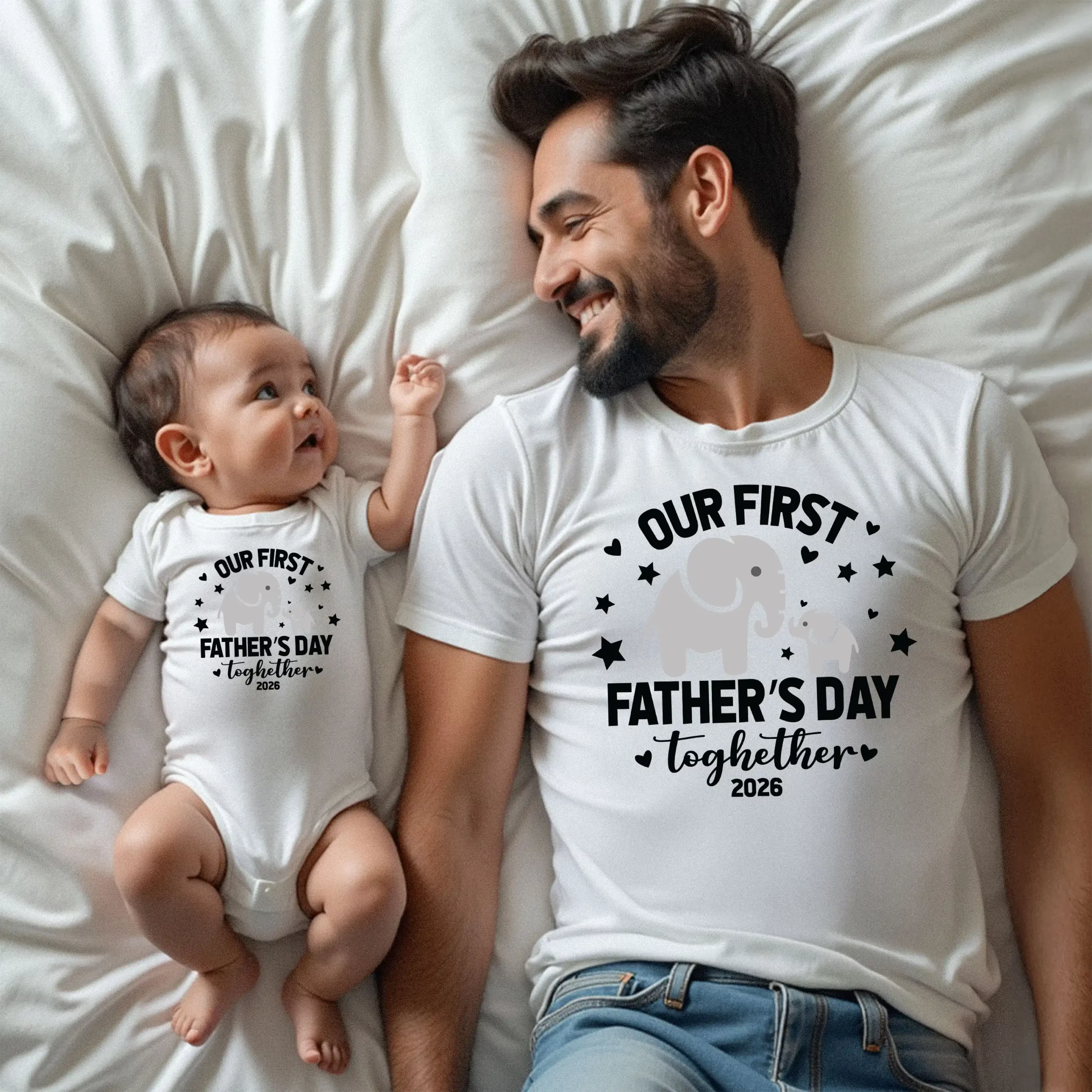 Personalized First Father's Day 2026 Navy Blue Daddy & Baby Matching Elephant Stars T-Shirt and Bodysuit Set - Image 3