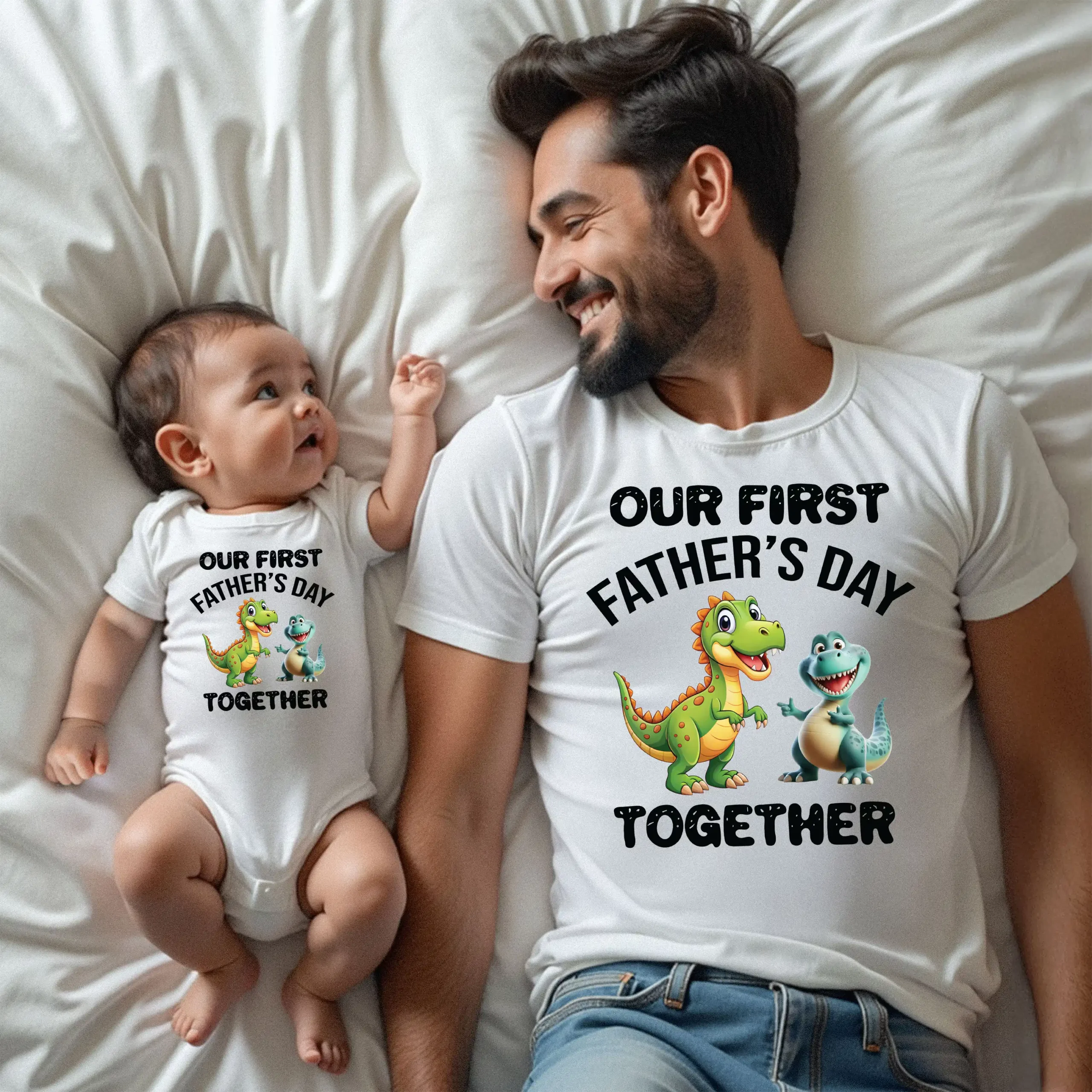 Our First Father's Day 2026 Matching T-Shirt & Bodysuit - Green & Blue Dino Cartoon Design - Image 3