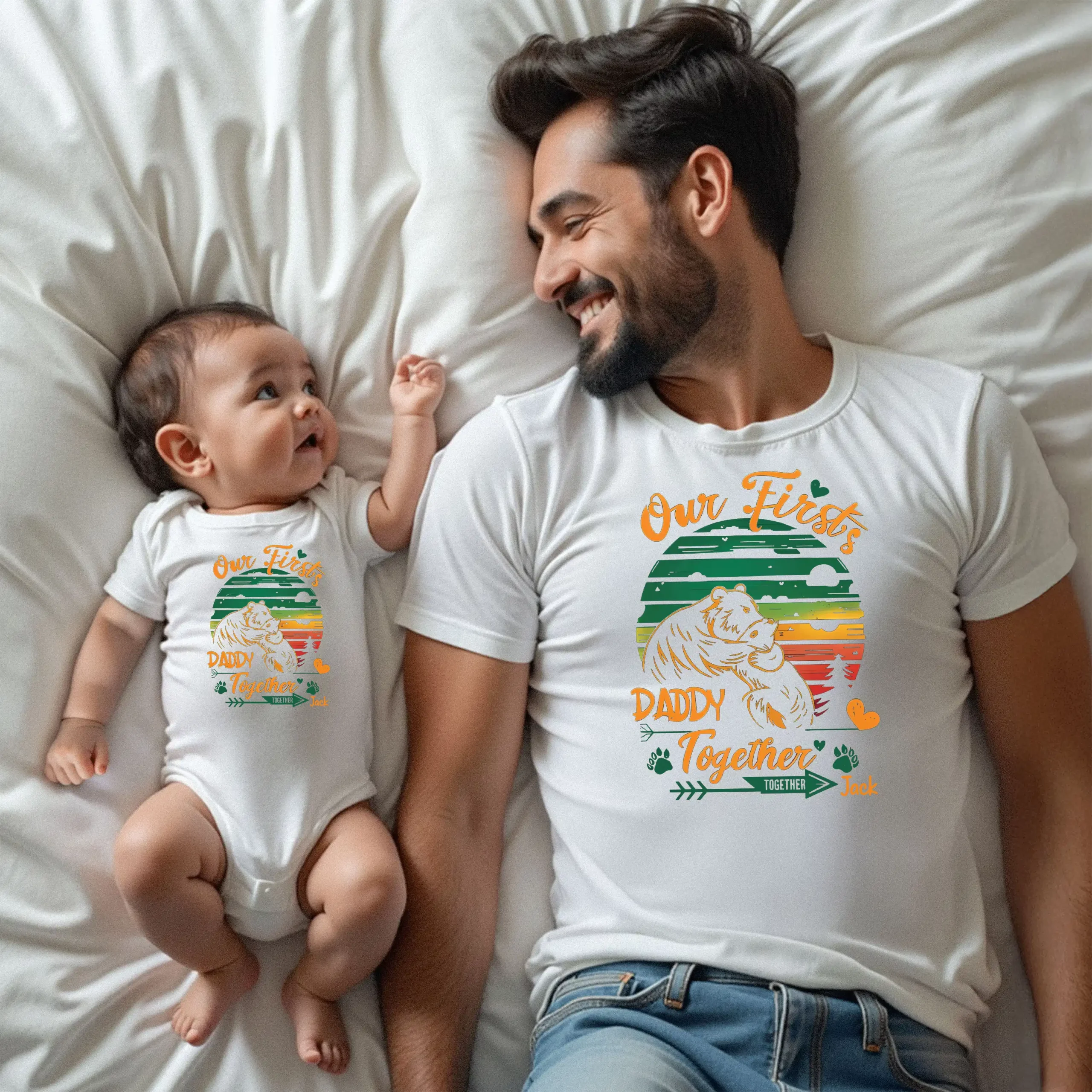 Custom Our First Father's Day 2026 Matching Black T-Shirt & Bodysuit Set - Retro Sunset Bear Hug Design, Personalized Daddy & Baby Outfit - Image 2