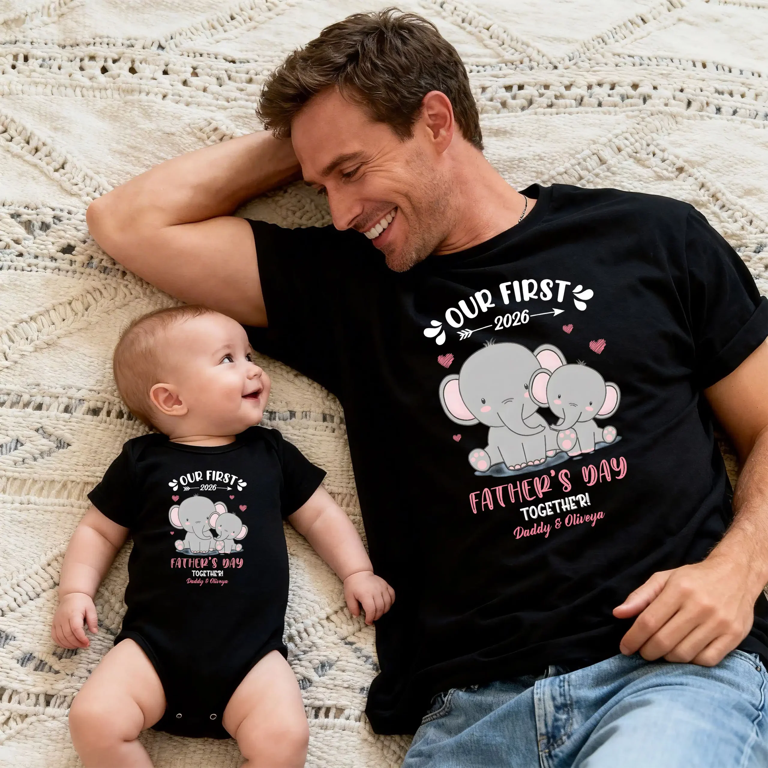 Personalized First Father's Day 2026 White Daddy & Baby Matching Elephant T-Shirt and Bodysuit - Daddy & Olivya - Image 3