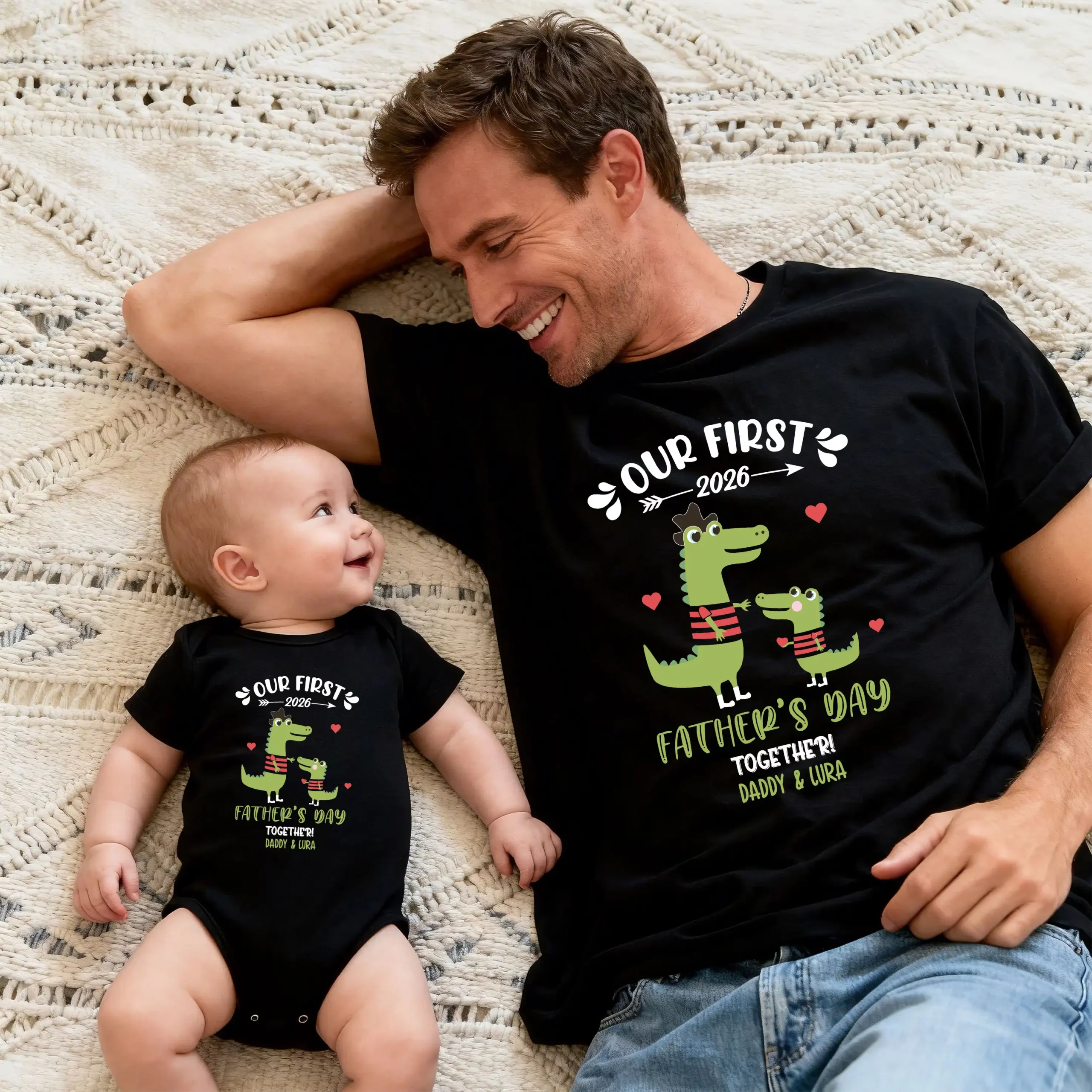 Custom Our First Father's Day 2026 Matching T-Shirt & Bodysuit Set - Crocodile Alligator Design, Navy Blue Daddy & Baby Personalized Outfit - Image 2