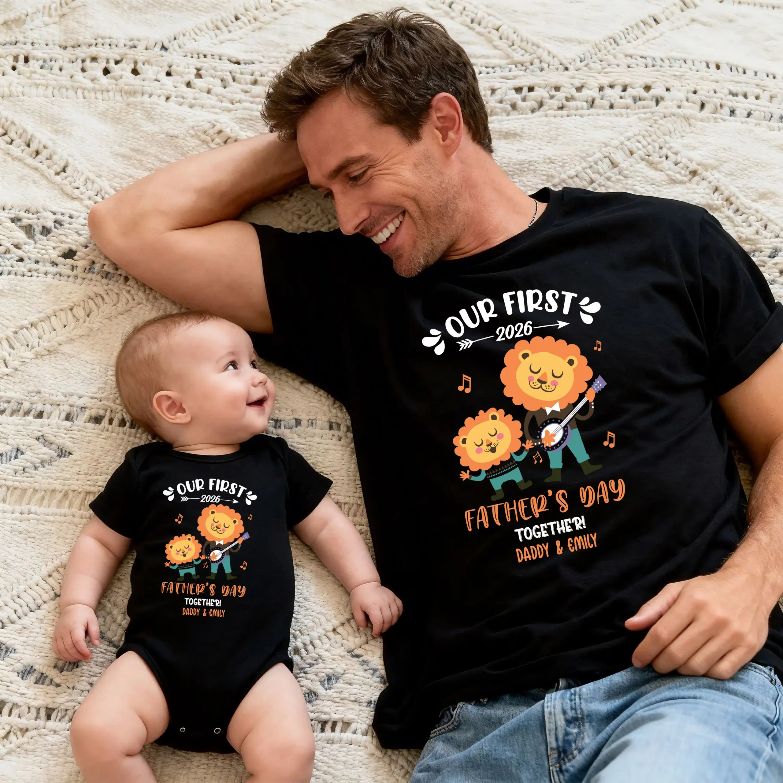 Custom Our First Father's Day 2026 Matching T-Shirt & Bodysuit Set - Musical Lion Band Design, Daddy & Baby Personalized Outfit - Image 3