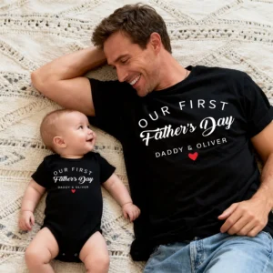 Custom Our First Father's Day 2026 Matching Black T-Shirt & Bodysuit Set - Elegant Script Design, Personalized Daddy & Baby Outfit