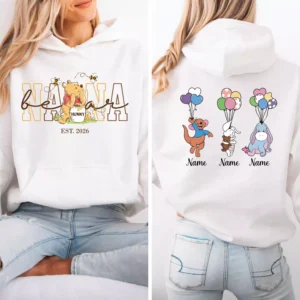 Custom White Nana Hoodie with Winnie the Pooh - Personalized Grandma Hoodie EST 2026 with Balloon Characters on Back