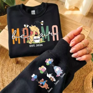 Black personalized sweatshirt featuring Winnie the Pooh “Mama” design with custom family character sleeve print.