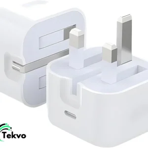 White Tekvo 20W USB-C fast charging adapter with UK 3-pin plug for iPhone, iPad, and USB-C compatible devices.