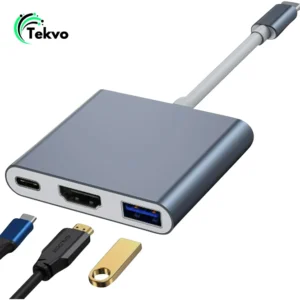 Grey Tekvo 3-in-1 USB-C hub adapter featuring HDMI output, USB 3.0 port, and Type-C charging port.