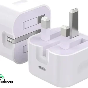 White Tekvo 35W USB-C fast charger adapter with UK 3-pin plug for smartphones, tablets, and USB-C devices.
