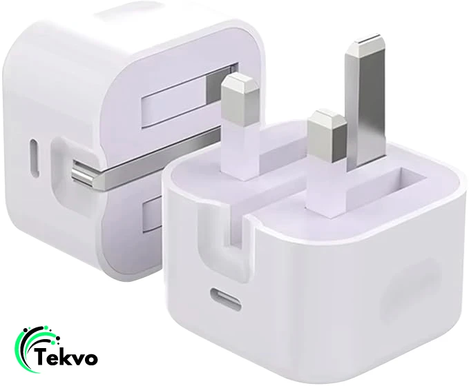 White Tekvo 35W USB-C fast charger adapter with UK 3-pin plug for smartphones, tablets, and USB-C devices.