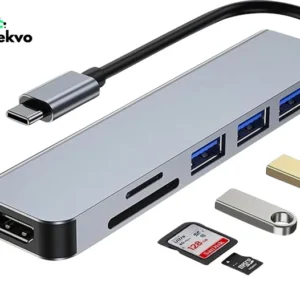 TEKVO 6-in-1 USB C Hub Docking Station with 4K HDMI, USB 3.0 Ports, SD & Micro SD Card Reader - Silver