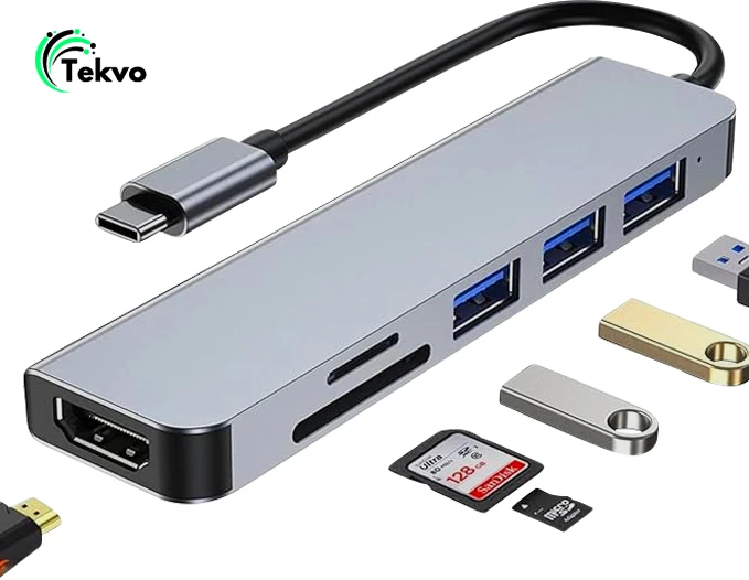 TEKVO 6-in-1 USB C Hub Docking Station with 4K HDMI, USB 3.0 Ports, SD & Micro SD Card Reader - Silver
