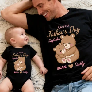 Personalized Our 1st Father's Day Together Black T-Shirt and Baby Bodysuit Set with Hugging Bears - Daddy and Sara
