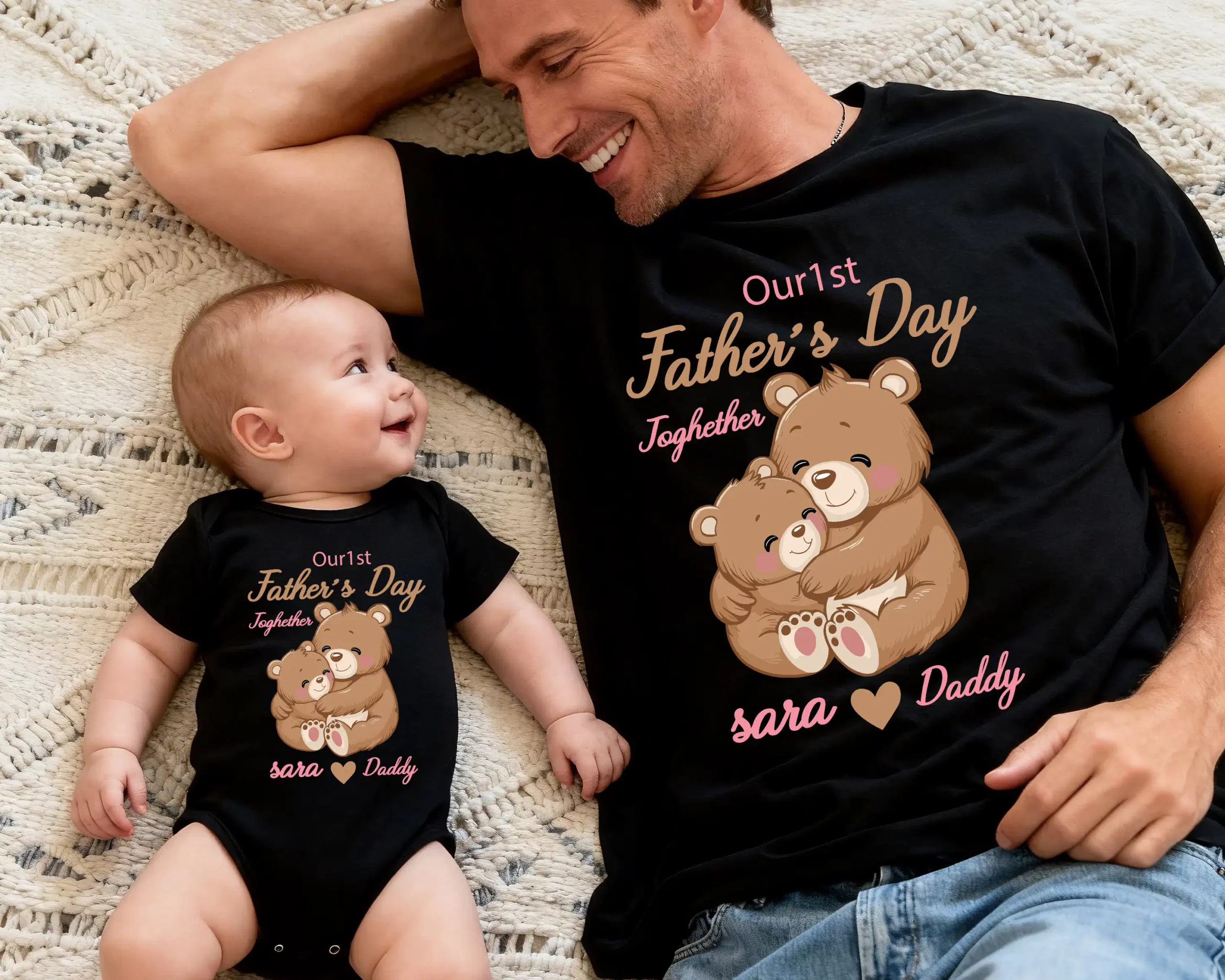Personalized Our 1st Father's Day Together Black T-Shirt and Baby Bodysuit Set with Hugging Bears - Daddy and Sara