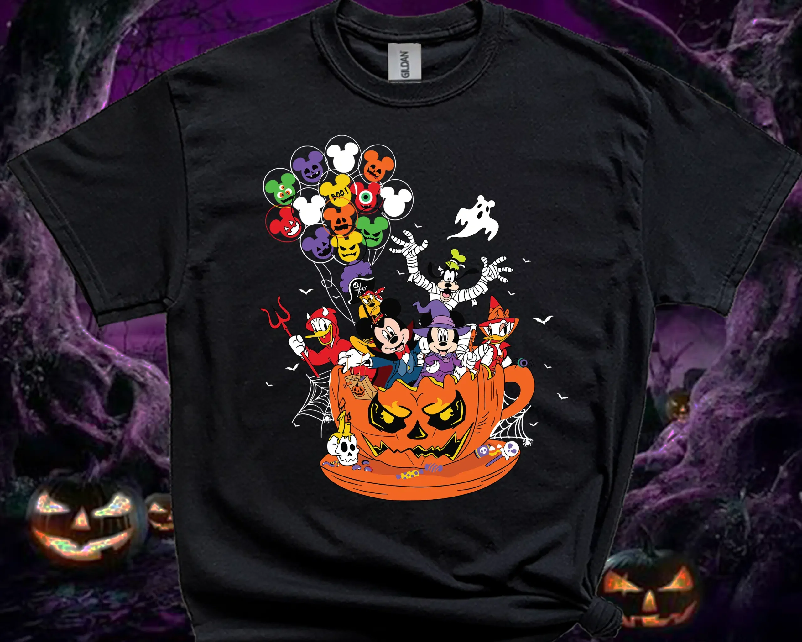 Black Halloween family T-shirt with colourful spooky character graphic