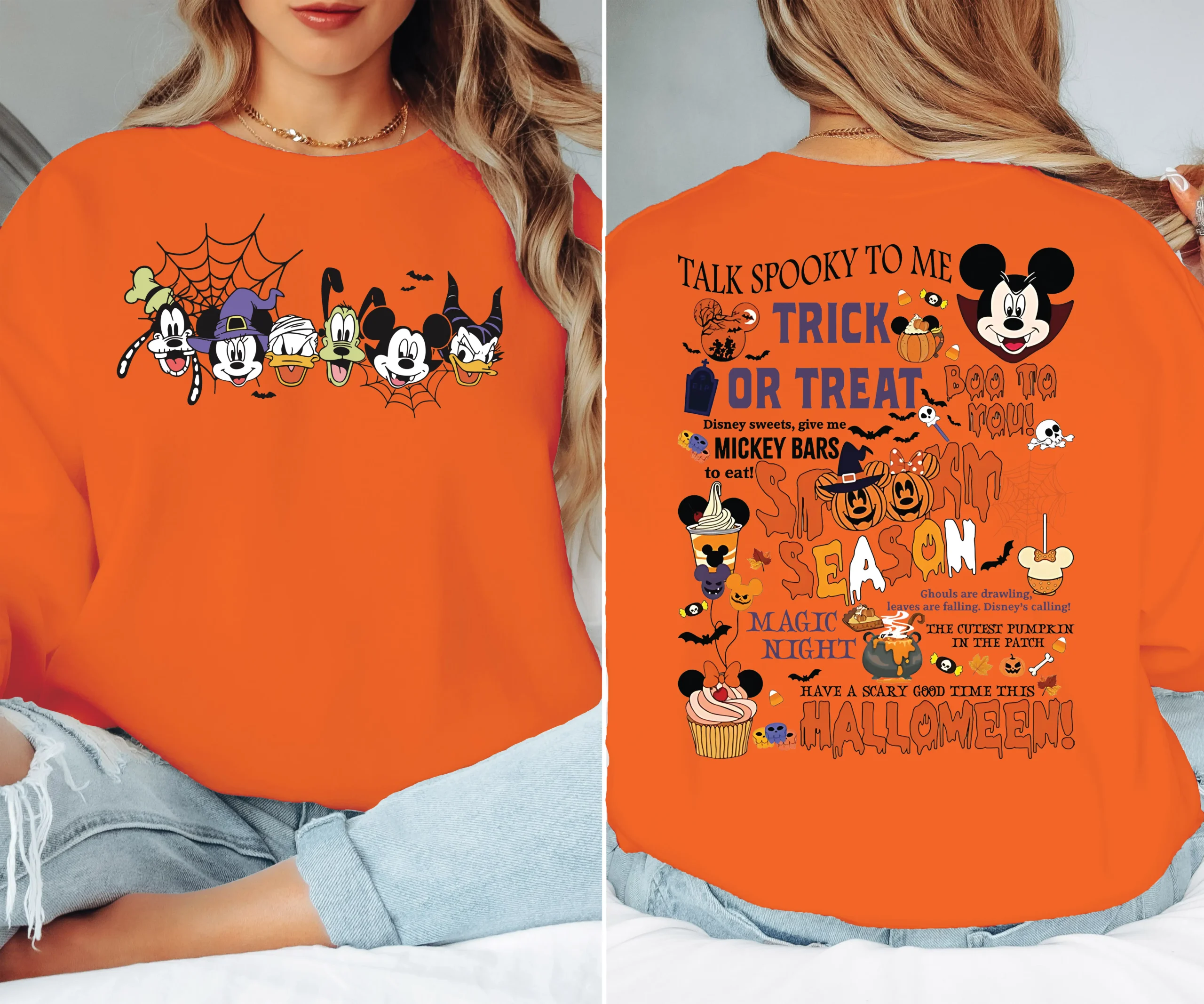Orange Disney Halloween sweatshirt 2026 with Mickey and Friends front and back design
