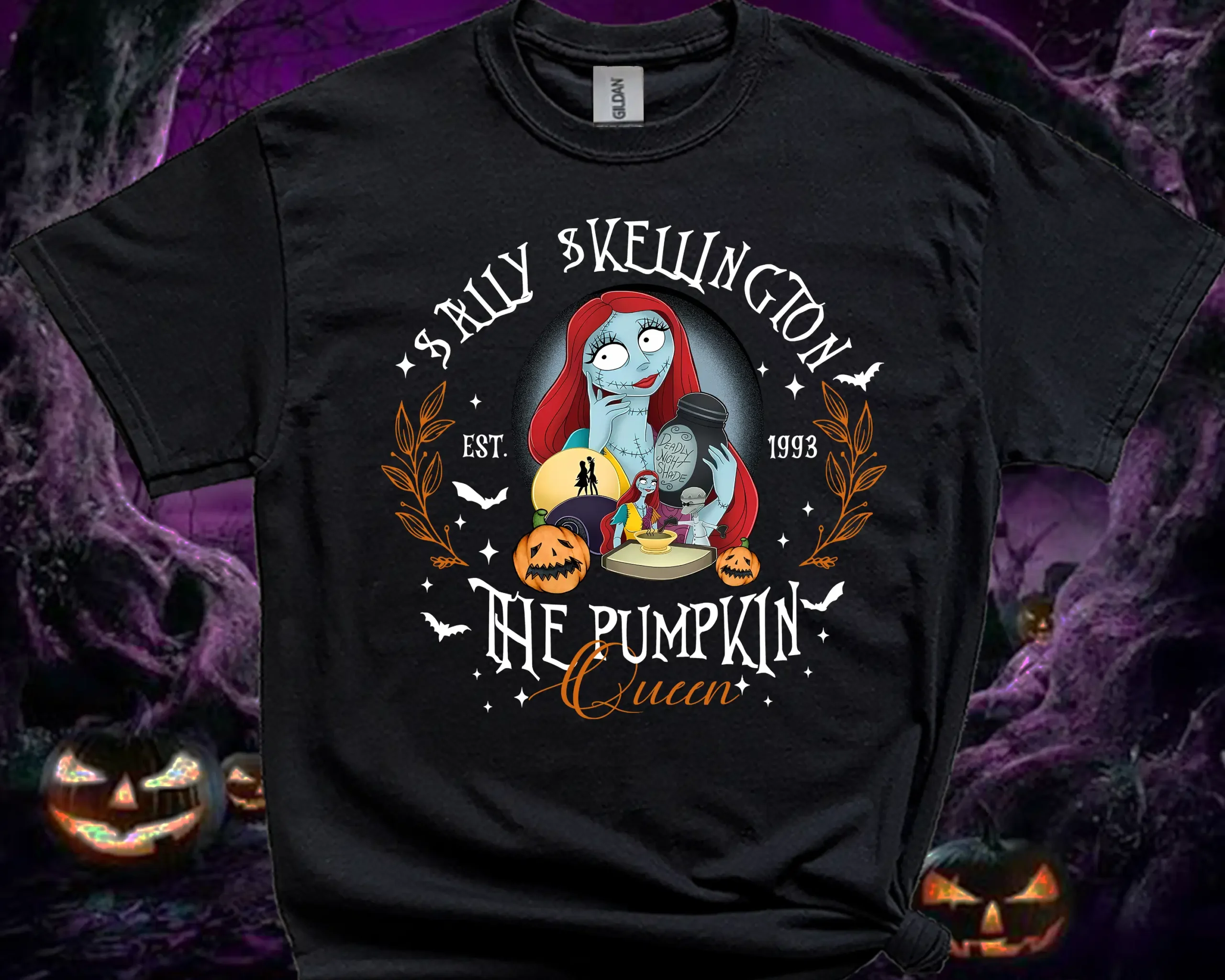 Sally Skellington Pumpkin Queen Halloween T-Shirt in black
