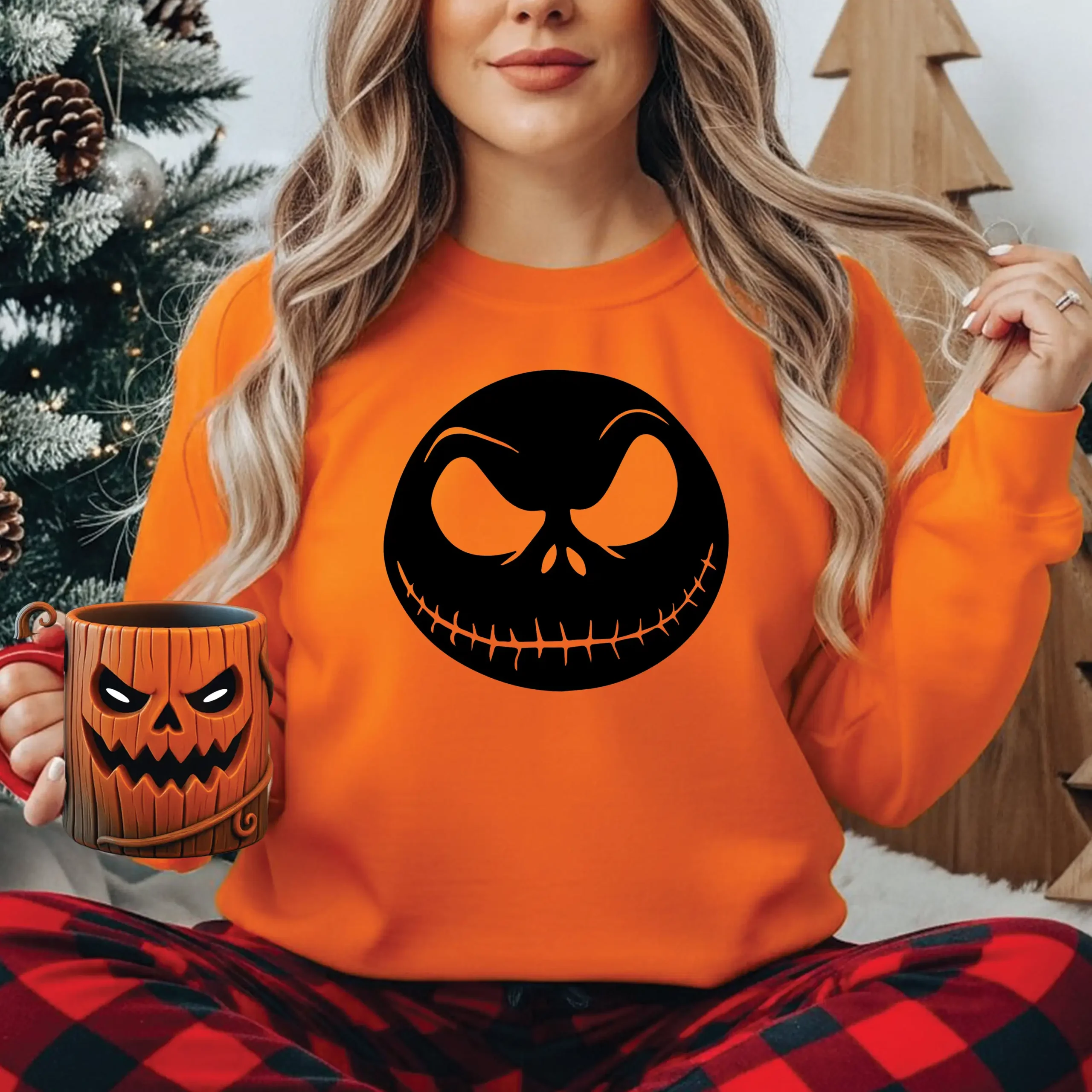 Halloween spooky face orange sweatshirt for men and women